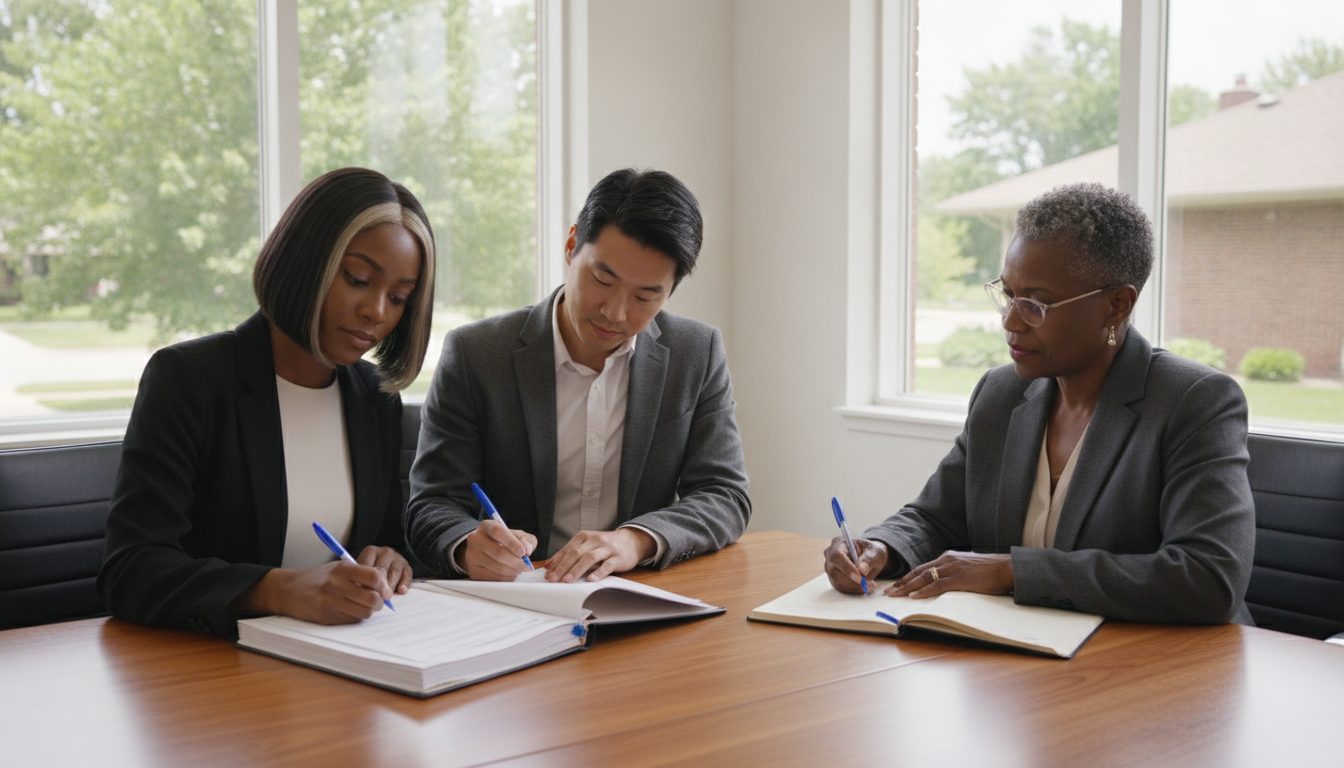 A couple signs a stack of loan documents at a conference table as a notary keeps her journal.