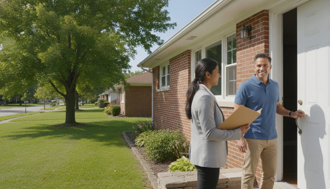 A notary holding a folder is welcomed at the front door of a brick ranch house on a sunny day.