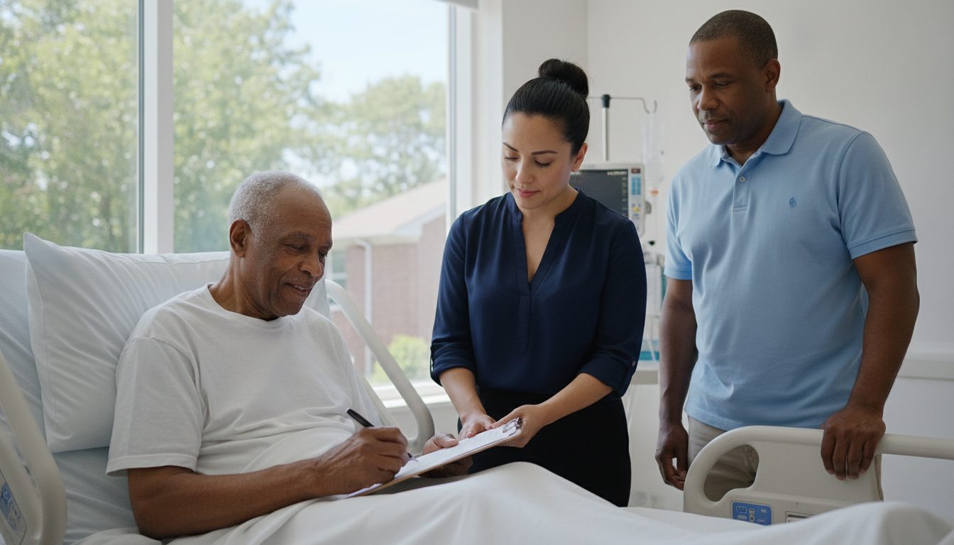 An elderly man signs a paper on a clipboard in a sunny hospital room while a notary holds it steady and his son looks on.