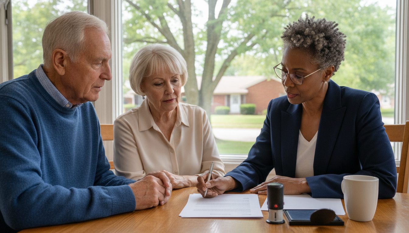 A notary in a navy blazer guides an older couple through a document at a sunny kitchen table, with a stamp and ink pad beside them.