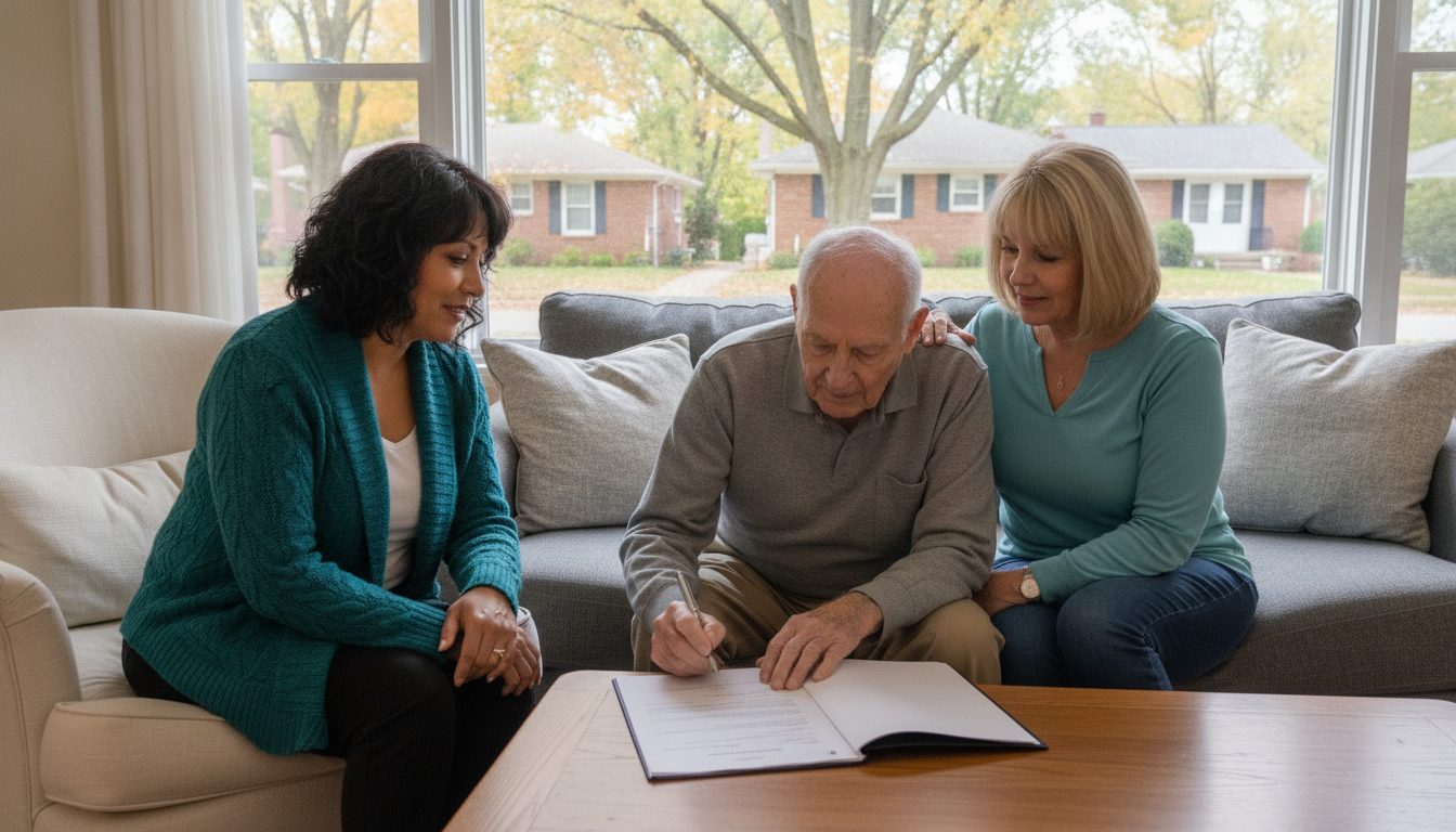 A notary sits with an older man and his adult daughter in their living room as he signs a document on the coffee table.