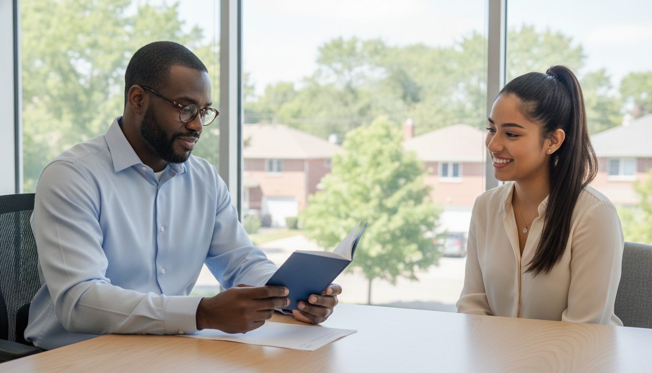 An employer's representative looks over a new hire's identity document at an office desk in daylight.