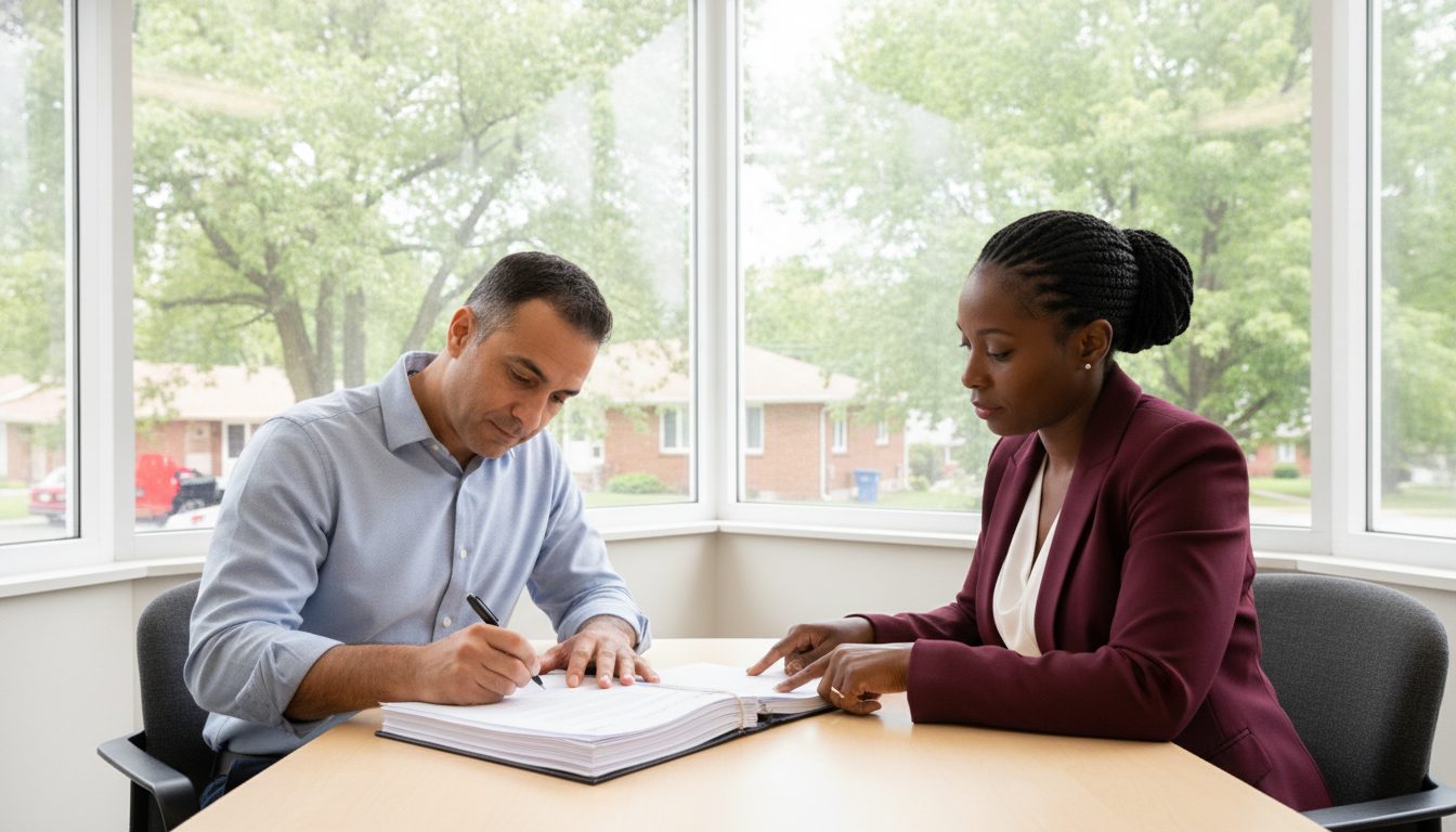 A man signs a loan package at an office table while a notary points to the next page.